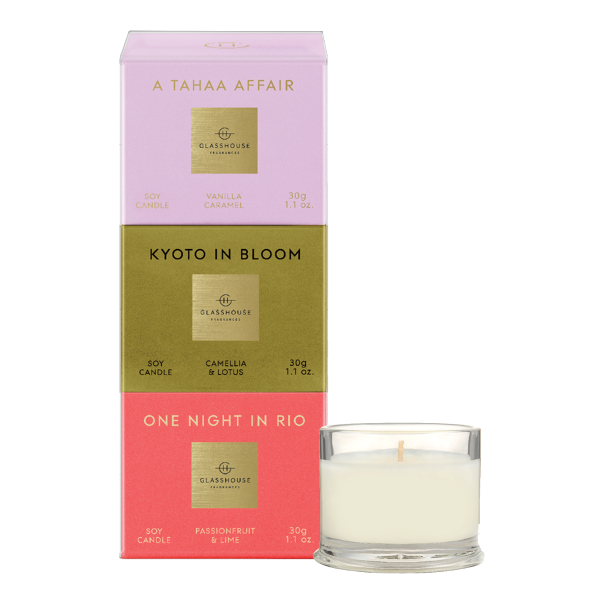 Glasshouse Fragrances 3x30g Candle Trio - Christmas - A Tahaa Affair, Kyoto in Bloom, One Night In R