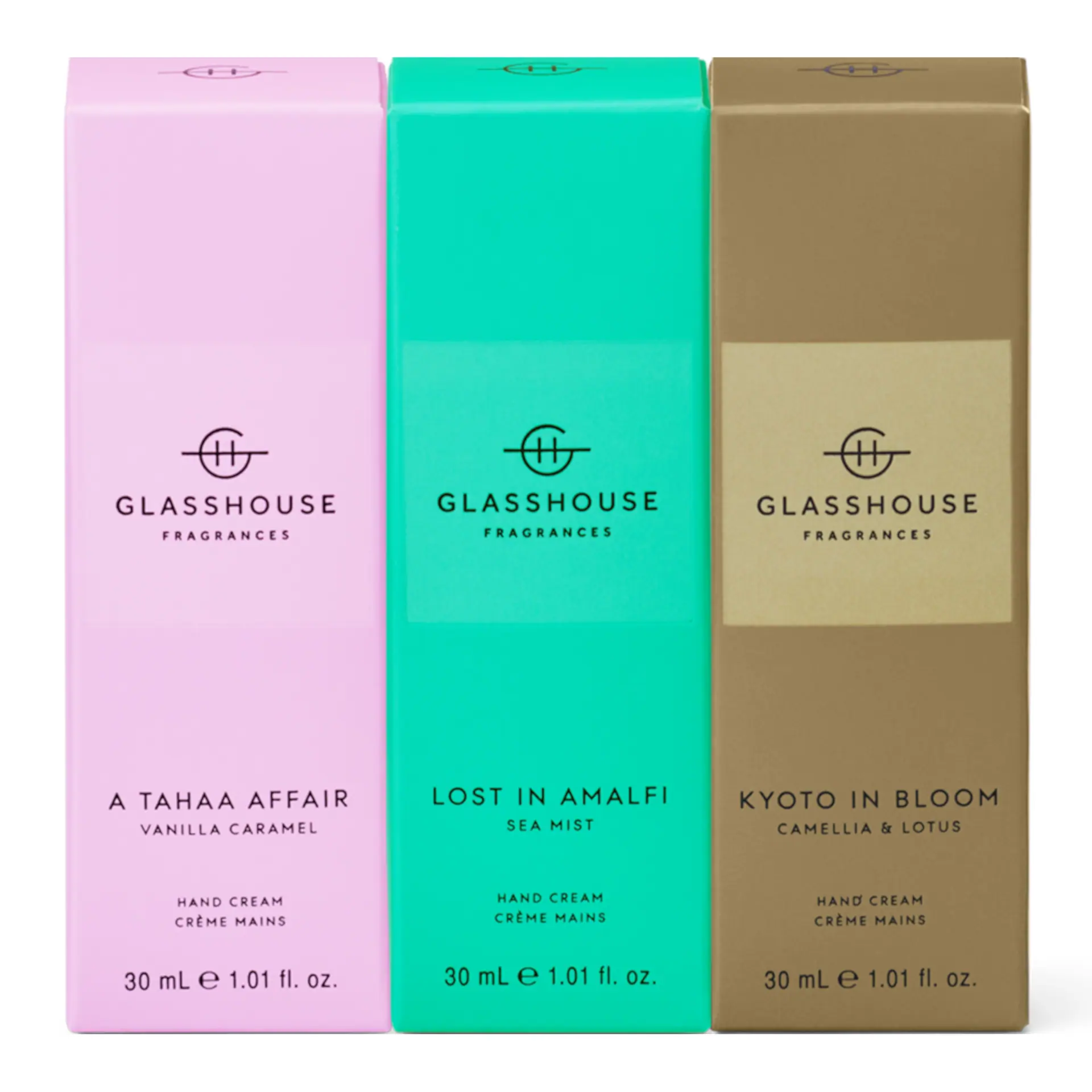 Glasshouse Fragrances 3 x 30ml Hand Cream Trio - Kyoto, Amalfi, Tahaa