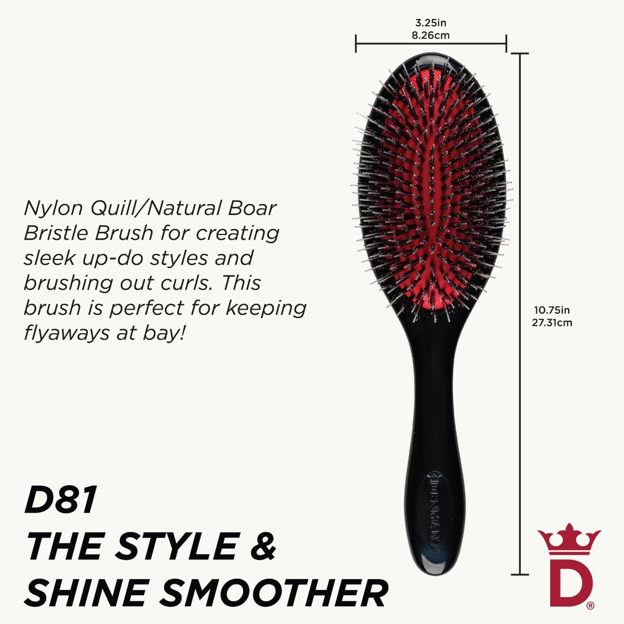 Denman D81M Natural Bristle Nylon Quill Medium Black Brush