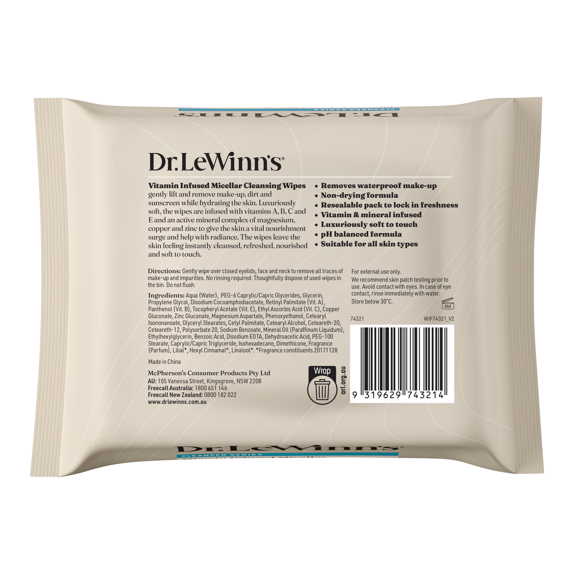 Dr LeWinn's Micellar Cleansing Wipes 25pk