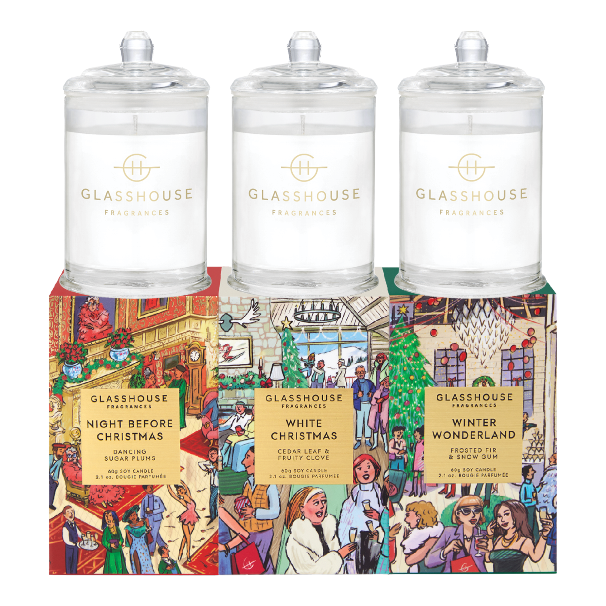 Glasshouse Fragrances 3x60g Candle Trio - Christmas - Night Before Christmas, White Christmas, Winter Wonderland - X26