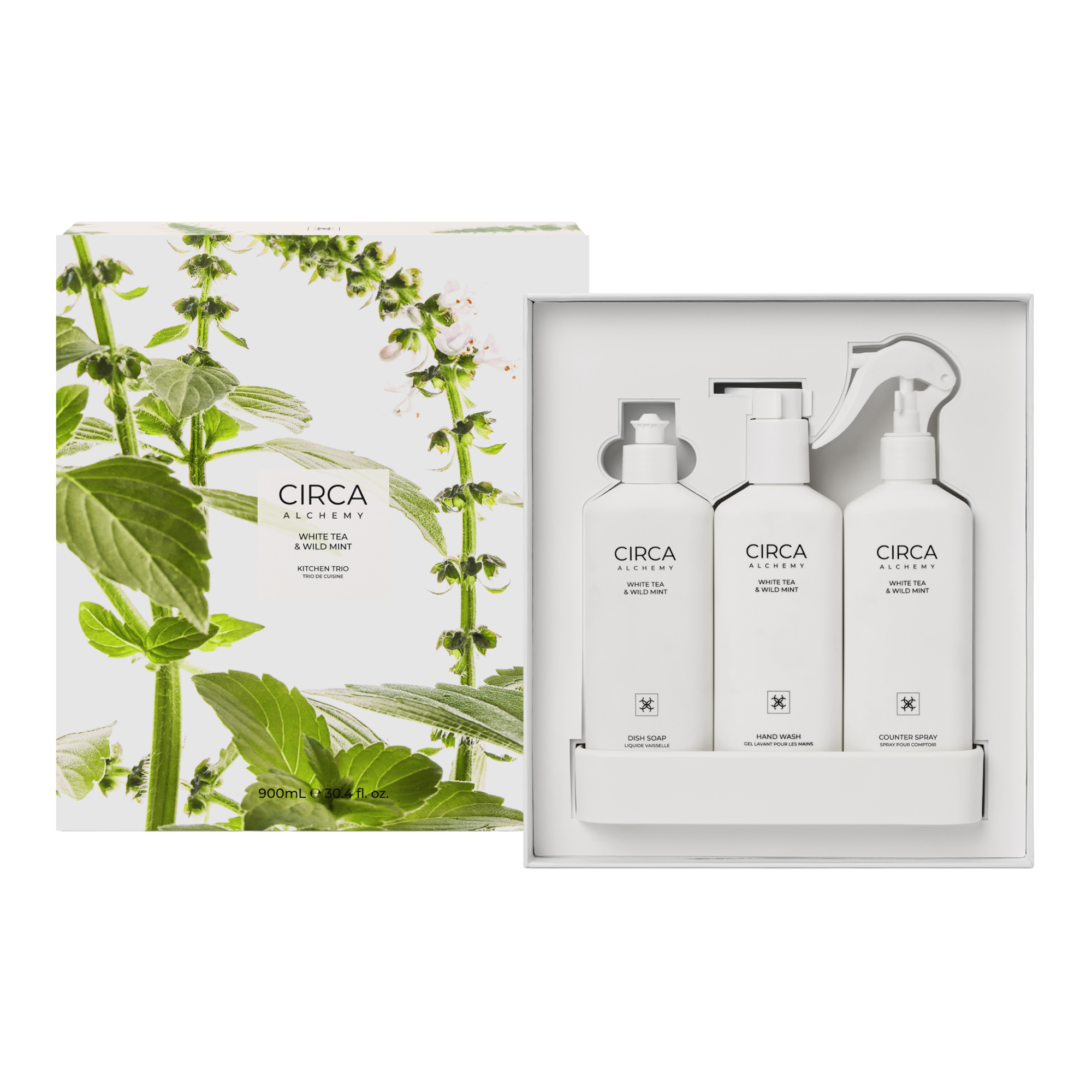 CIRCA 900ml Kitchen Trio Kit (300ml Dish Soap, 300ml Counter Spray, 300ml Hand Wash, Tray) - Alchemy - WHITE TEA & WILD MINT